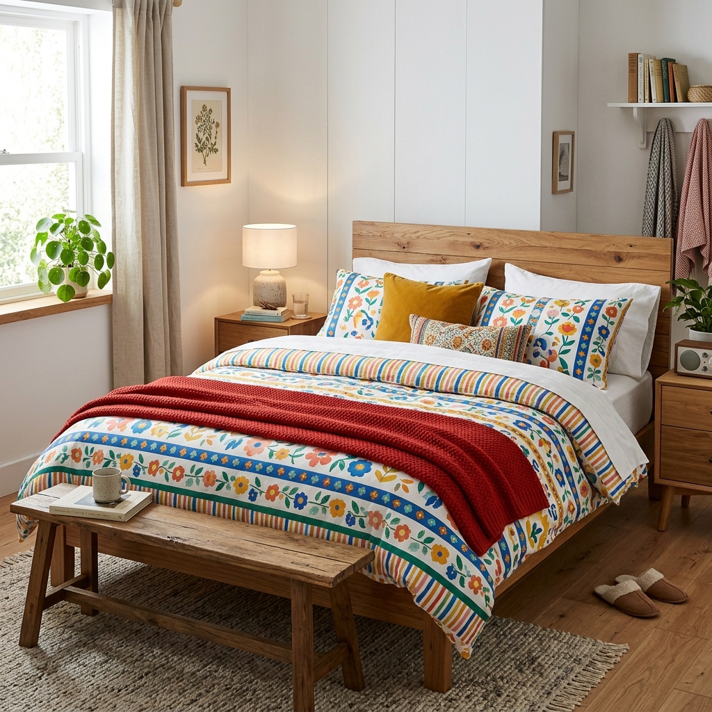Cama arrumada com lençóis luxuosos brancos e manta vermelha