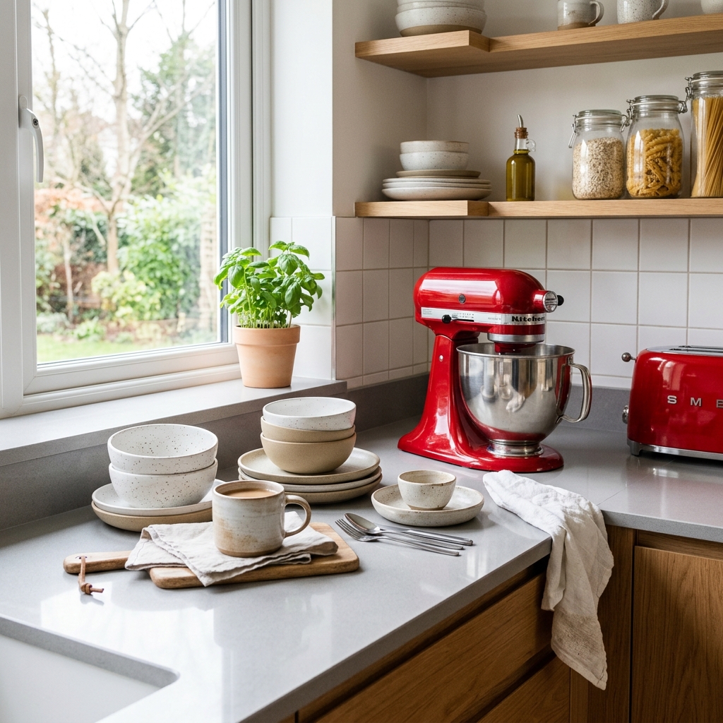 Bancada de cozinha moderna com utilidades e batedeira vermelha vintage