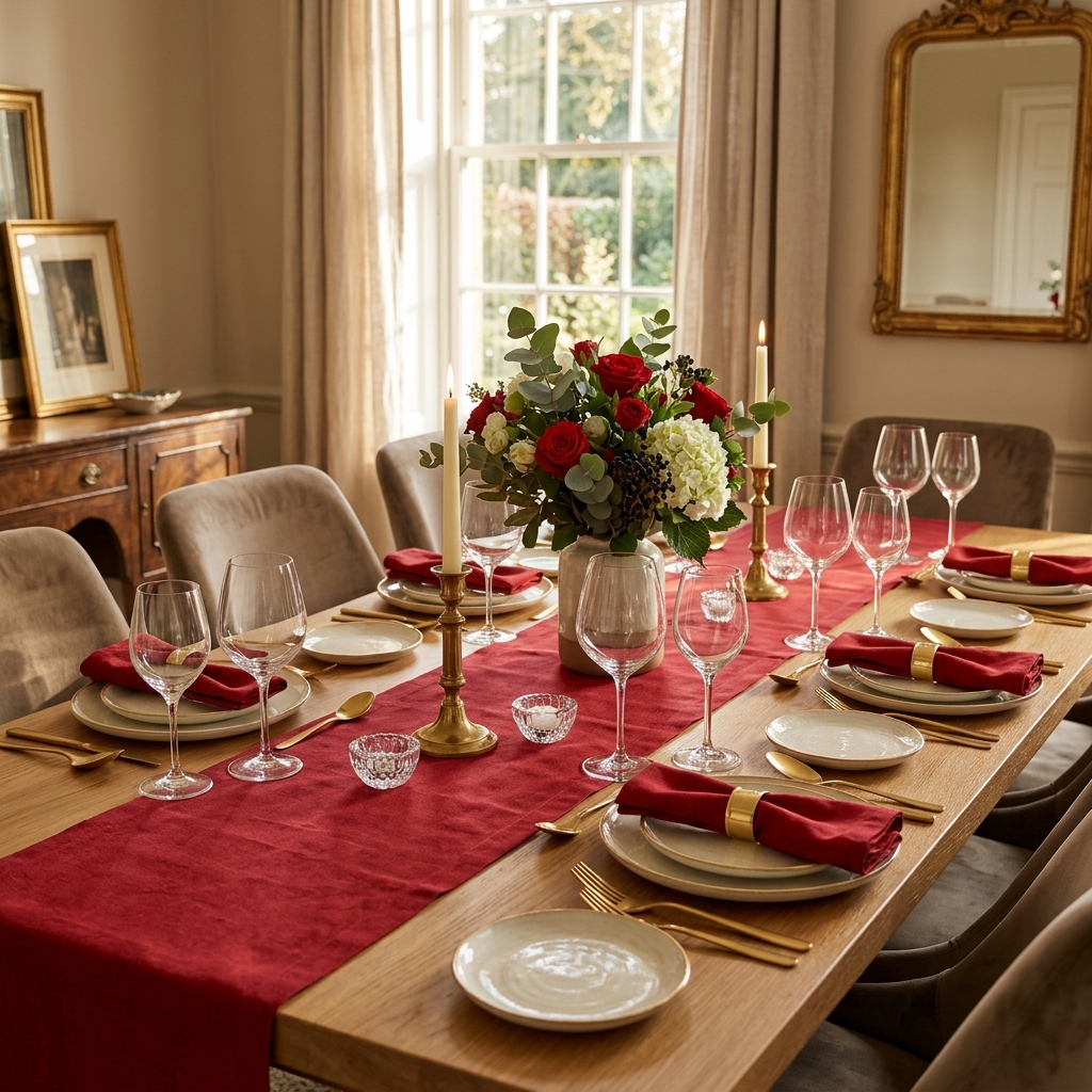 Mesa de jantar elegante decorada com caminhos de mesa de linho vermelho