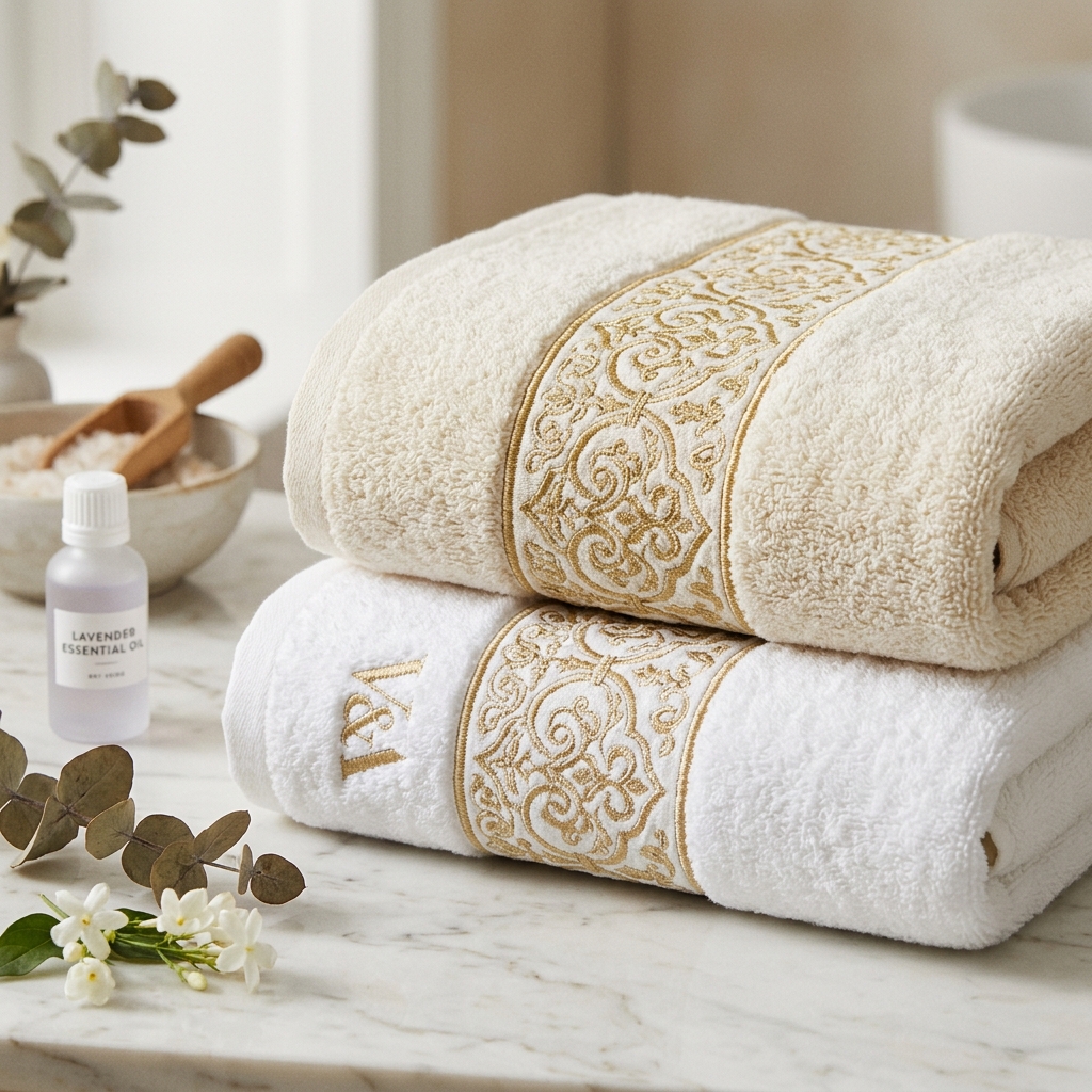 Toalhas macias com bordado dourado e textura de spa