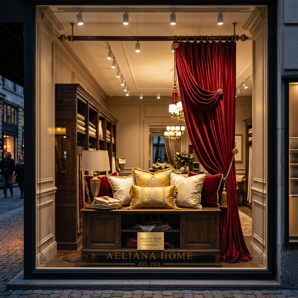 Vitrine sofisticada com almofadas douradas e cortinas vermelhas elegantes