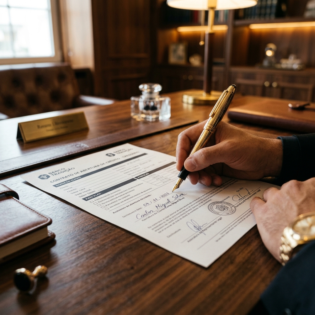 Assinatura de carnê de crediário próprio sobre mesa de escritório
